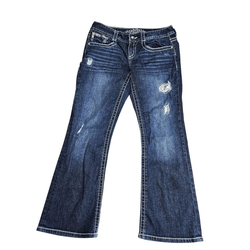 Maurices Bootcut Jeans Juniors‎ 11/12 Short Sequin Distressed Patches Denim